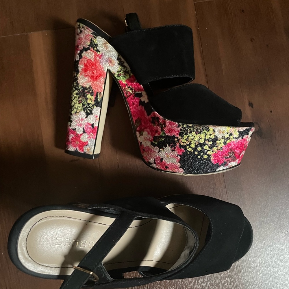 Bamboo Suede Satin Floral Platform Heels